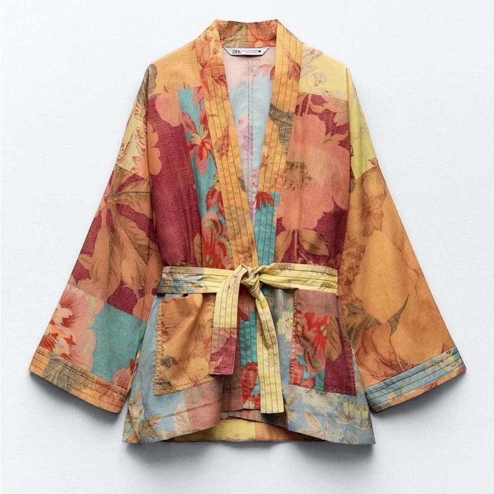 ZARA Patchwork Kimono Jacket Belted SashBoho Artisan Floral Print m /L - Picture 3 of 11